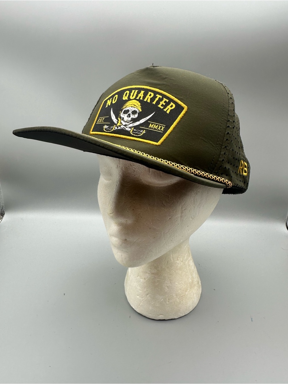 Redline Branded RB No Quarter Pirate Skull Snapback Hat Olive Green Trucker Cap